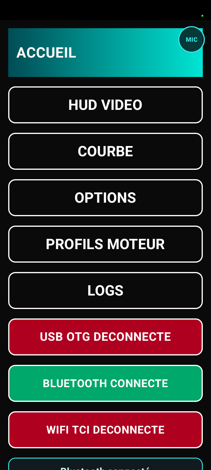 Page d'accueil PAROTSPEED avec la connexion Bluetooth allumée en vert