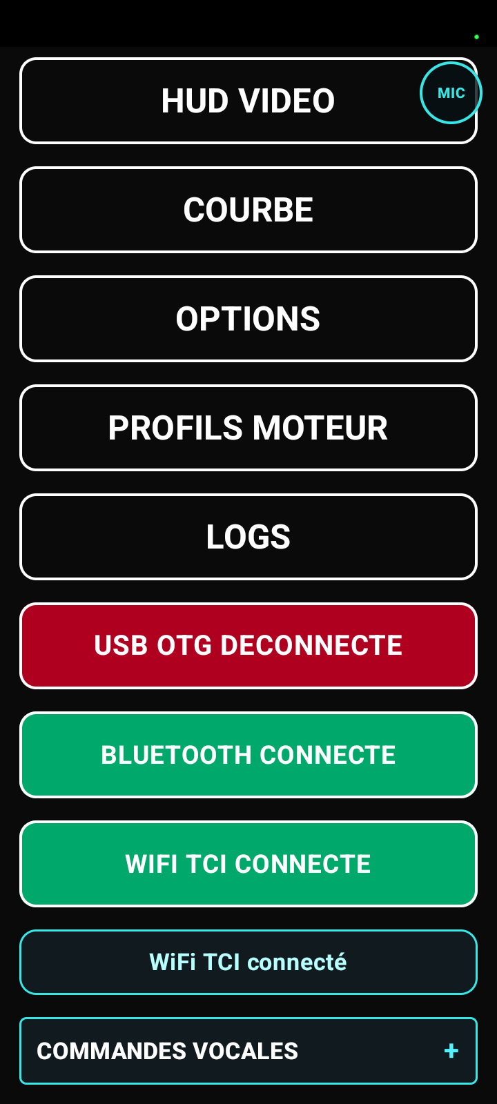 application Android PAROTSPEED avec connexions Wi-Fi et Bluetooth BLE actives