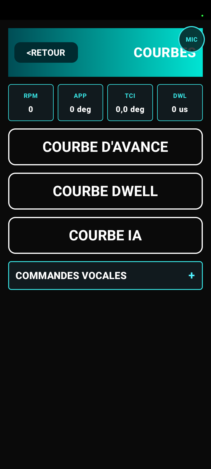 Menu des trois courbes de l'application PAROTSPEED