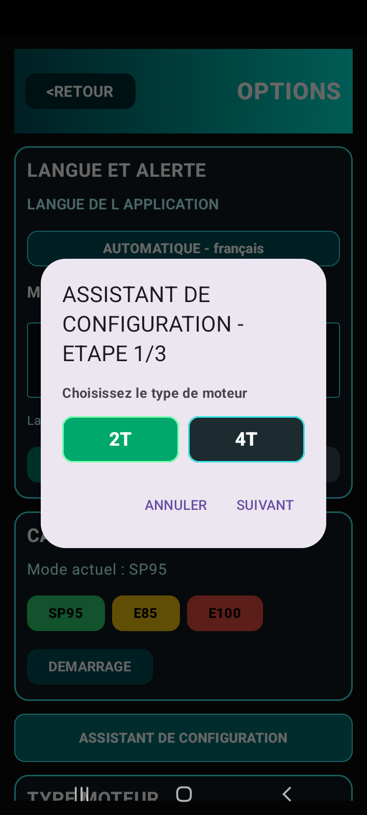 Étape 1 de l'assistant PAROTSPEED, choix du moteur