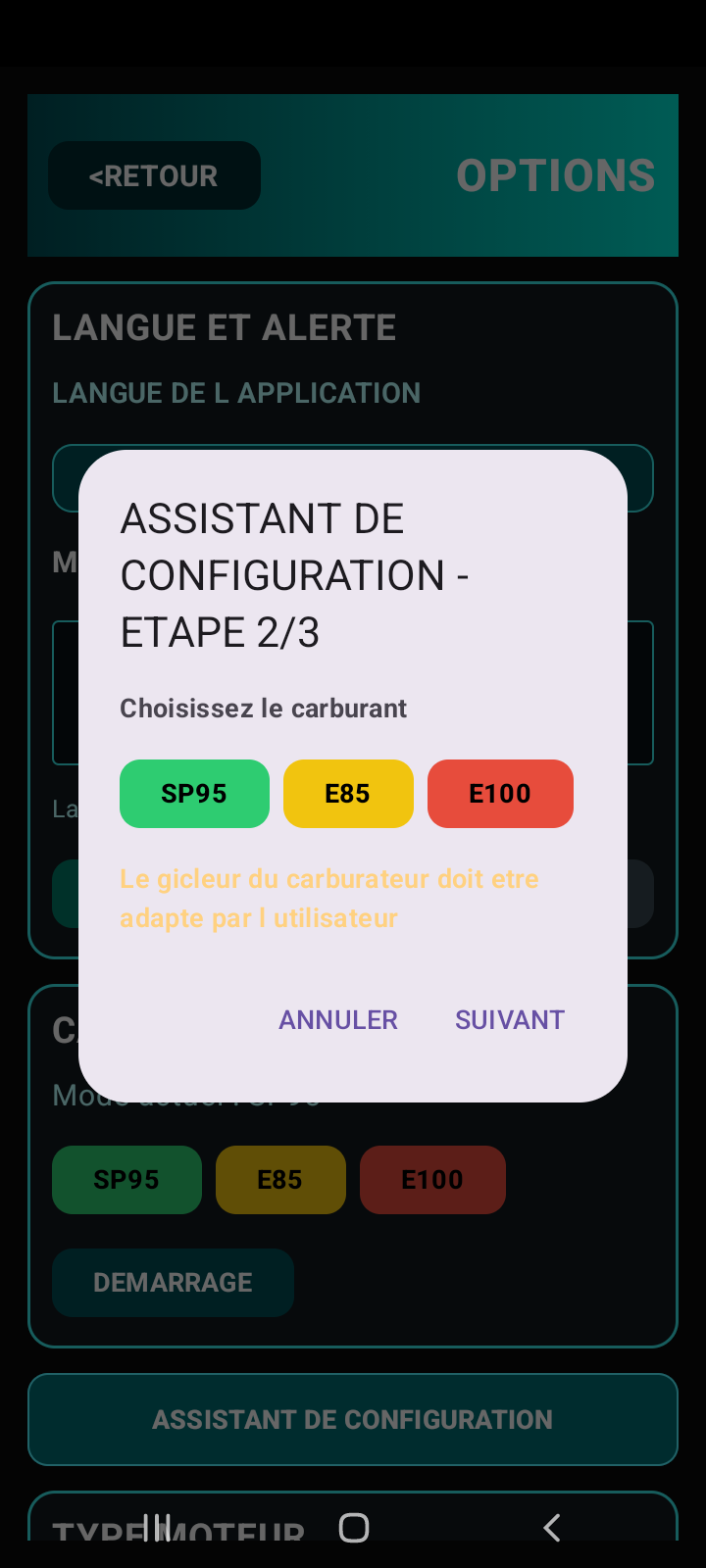 Étape 2 de l'assistant PAROTSPEED, choix du carburant
