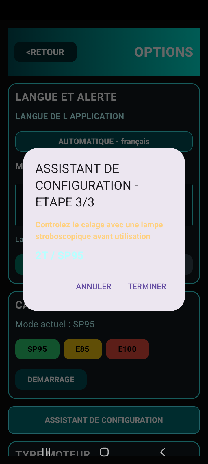 Étape 3 de l'assistant PAROTSPEED, contrôle stroboscopique
