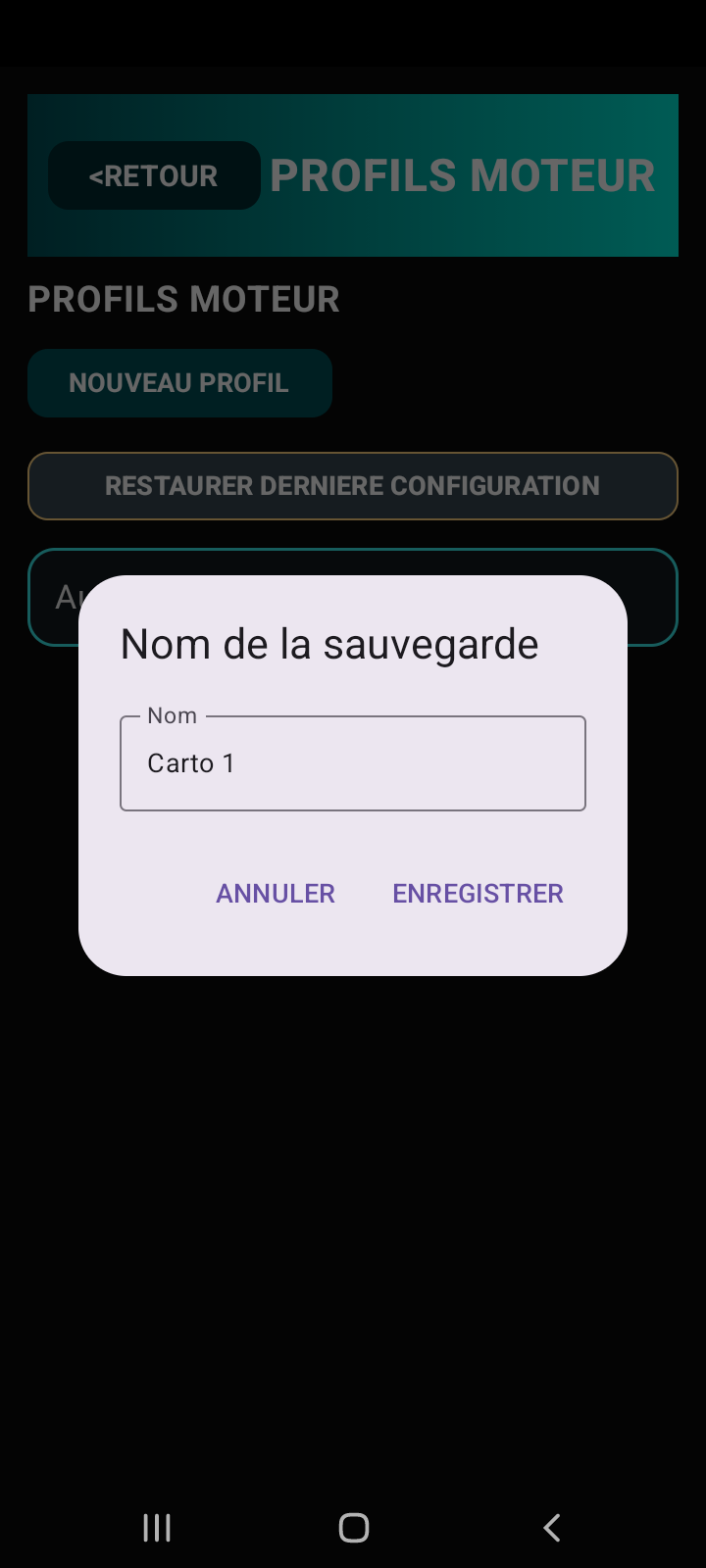 Boîte de dialogue de création d'un profil moteur PAROTSPEED