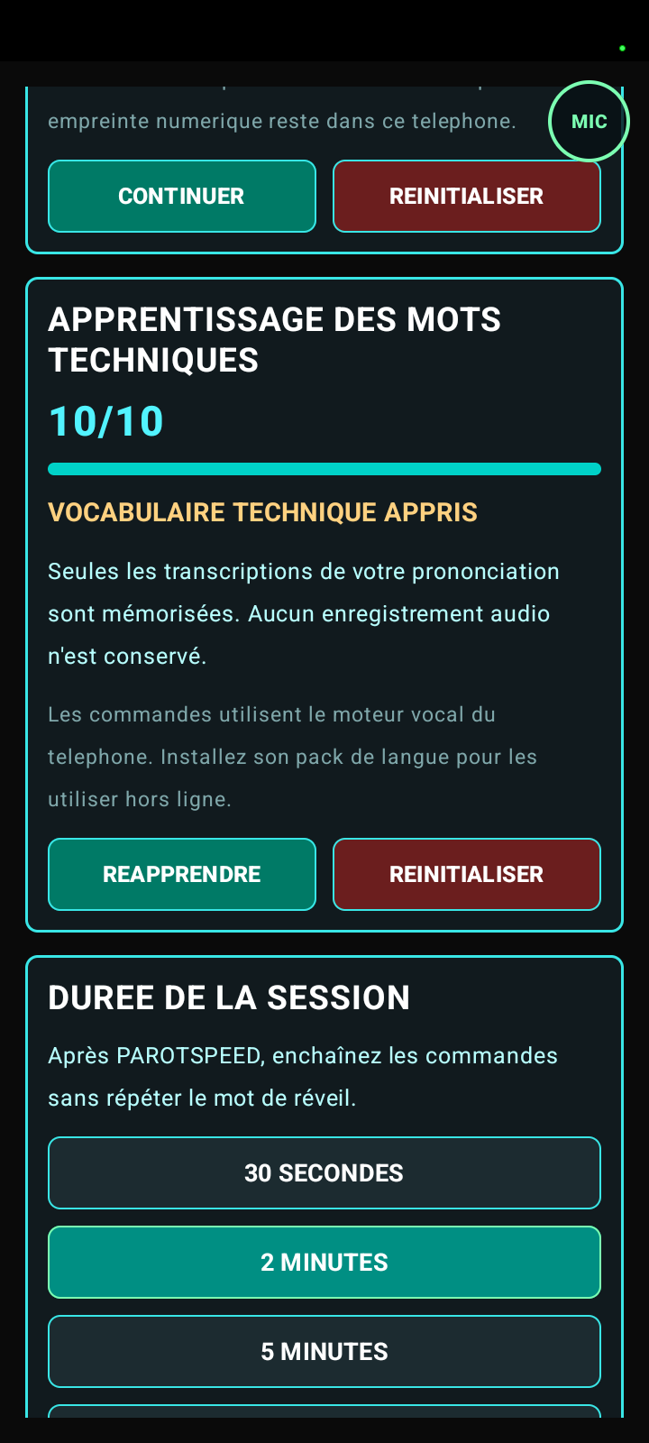 Apprentissage des mots techniques et durée de session vocale PAROTSPEED