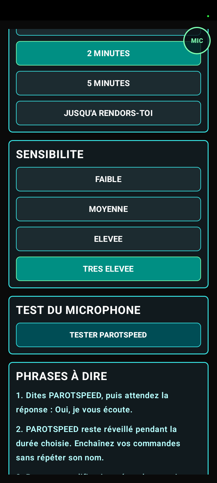 Réglage de durée, sensibilité et test microphone de PAROTSPEED