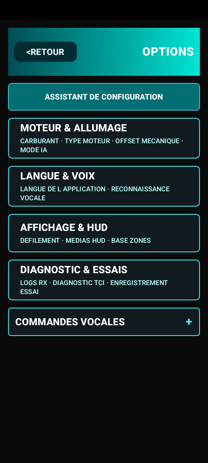 Nouveau menu Options de l'application PAROTSPEED