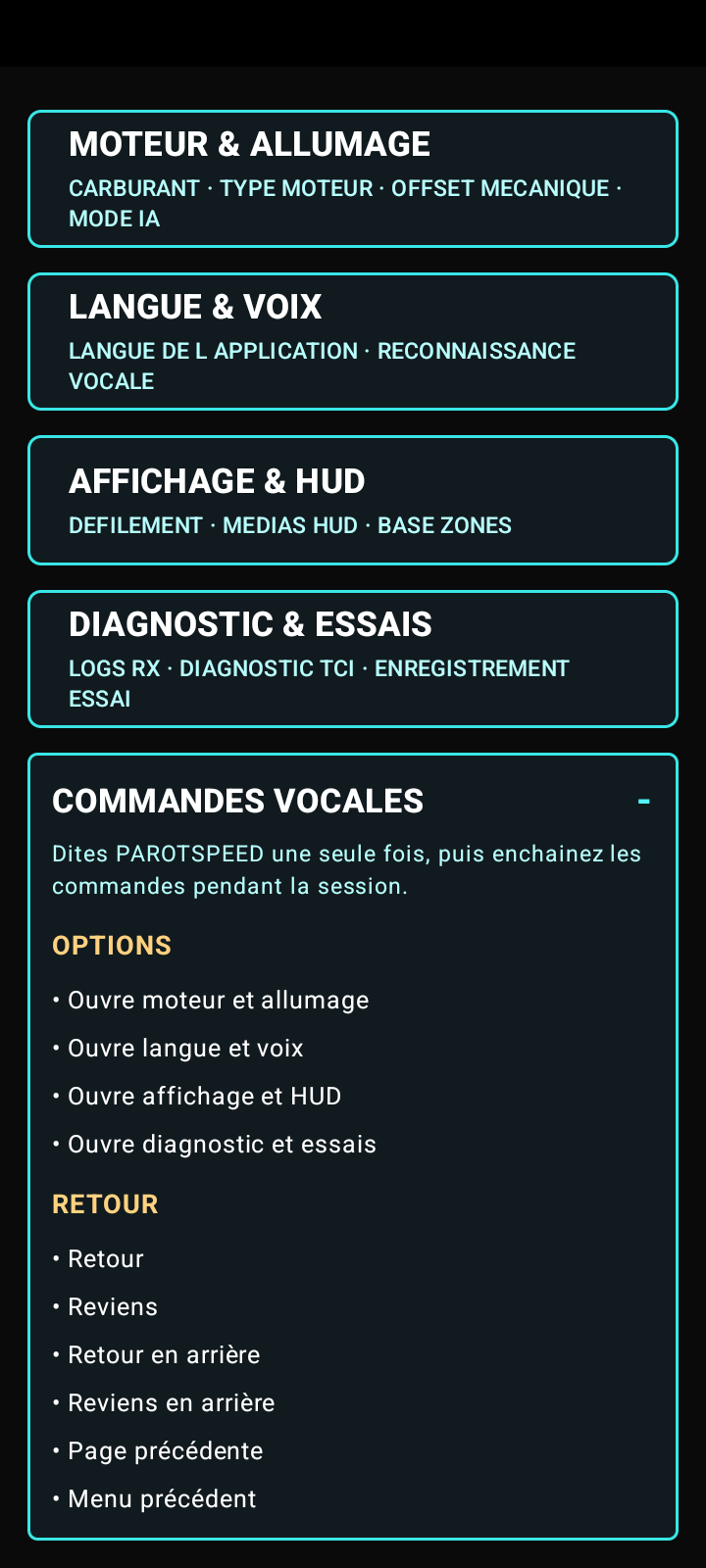 Aide contextuelle des commandes vocales PAROTSPEED avec la commande Retour