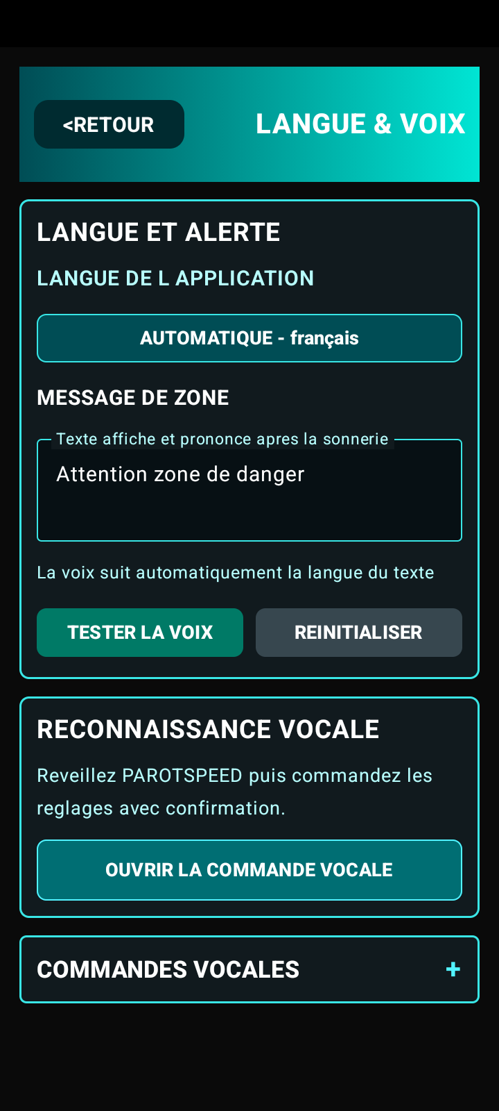 Réglages de langue et de voix dans PAROTSPEED