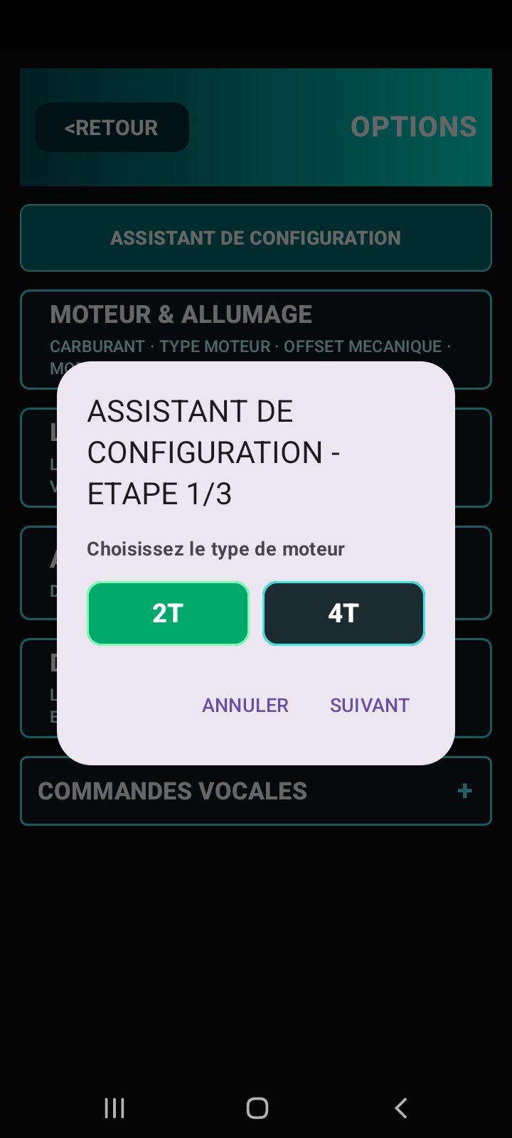 Étape 1 de l'assistant PAROTSPEED, choix du moteur