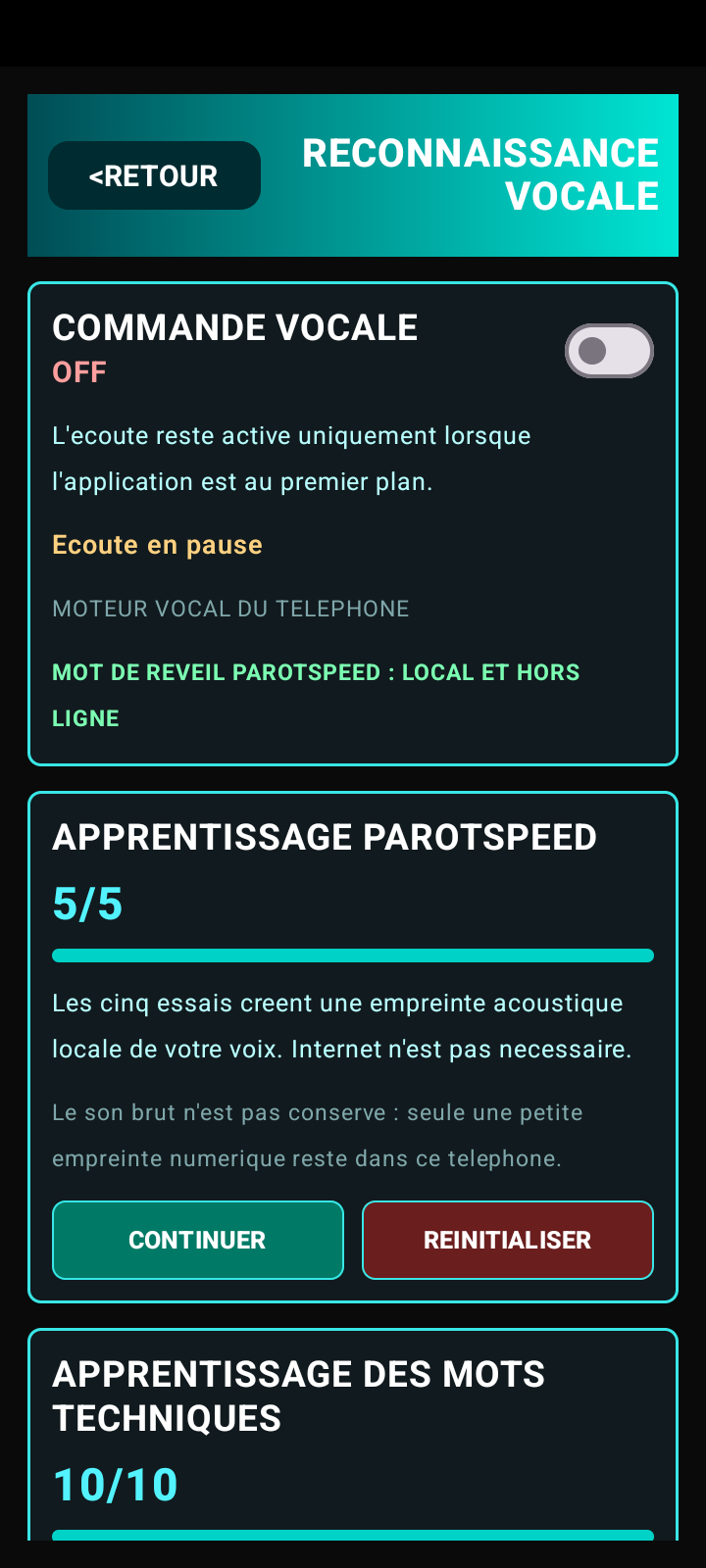 Écran de reconnaissance vocale PAROTSPEED avec apprentissage local
